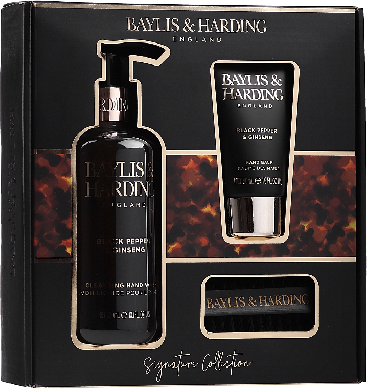 Набор по уходу за руками - Baylis & Harding Black Pepper & Ginseng Signature Collection (h/wash/300ml + h/balm/50ml + n/brush/) — фото N1