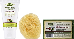 Набір, крем з аргановою олією та молочком з ароматним сандалом - Kalliston Kit (soap/100g + b/cr/50ml + sponge/1pcs) — фото N2