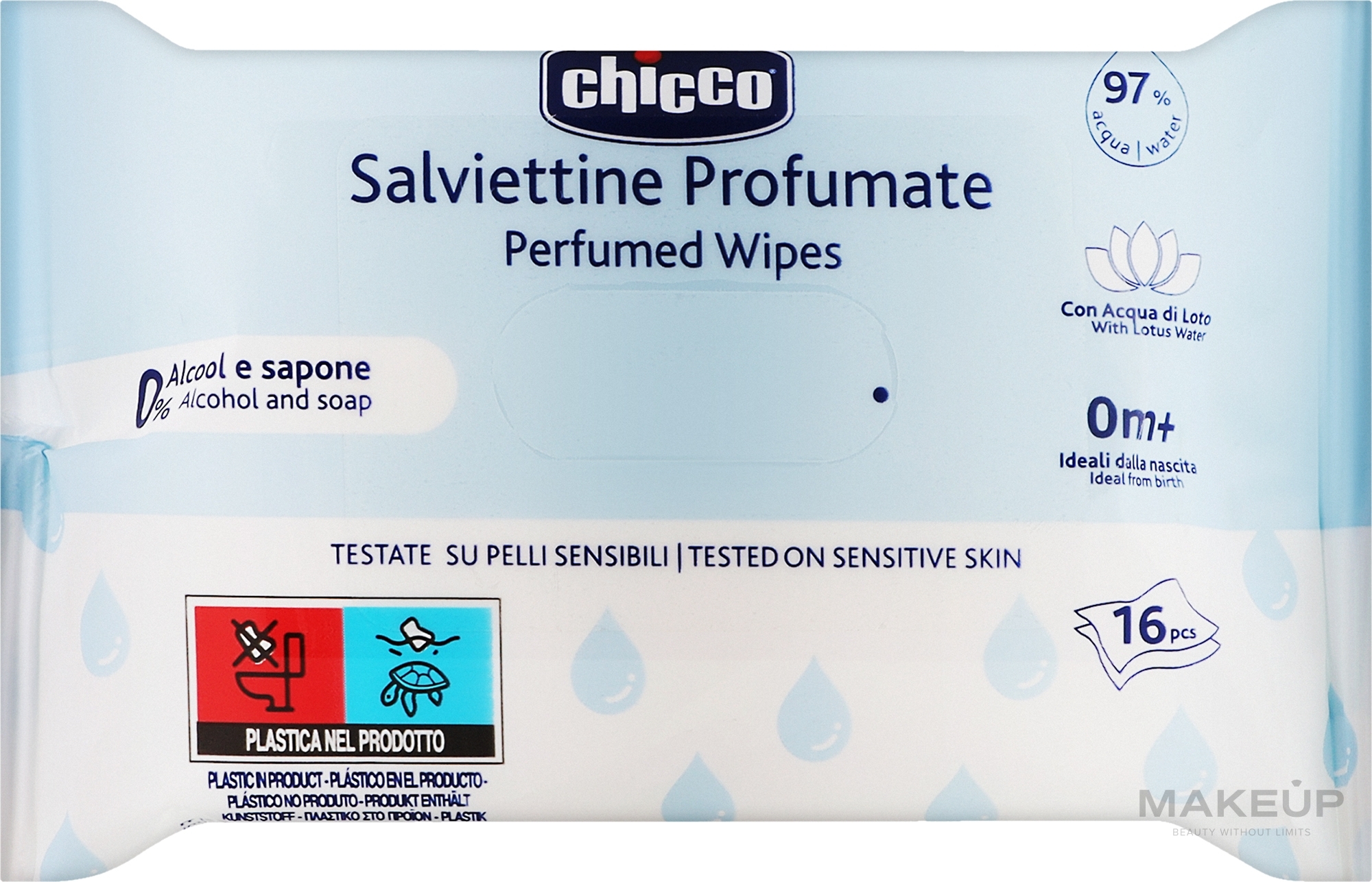 Детские влажные салфетки с экстрактом лотоса - Chicco Perfumed Wipes — фото 16шт