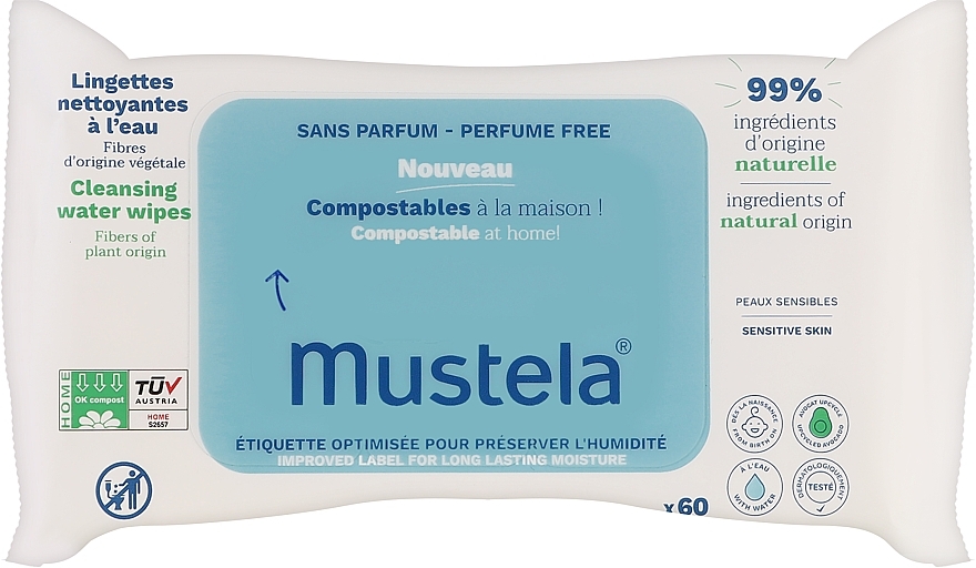 Очищувальні серветки для дітей, без запаху - Mustela Compostable Unscented Cleansing Wipes — фото N1