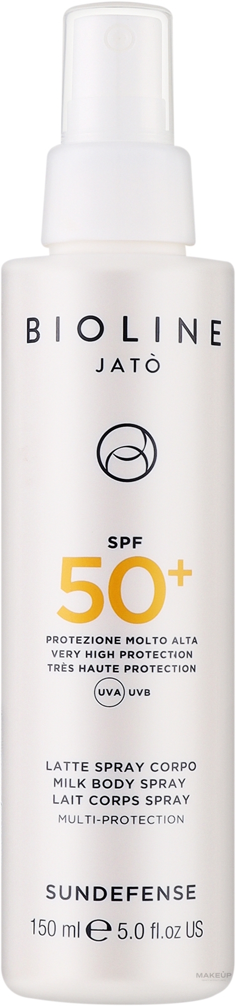 Сонцезахисне молочко для обличчя та тіла - Bioline Jato Sundefense Very Higt Protection Milk Body Spray Multi-protection SPF 50+ — фото 150ml