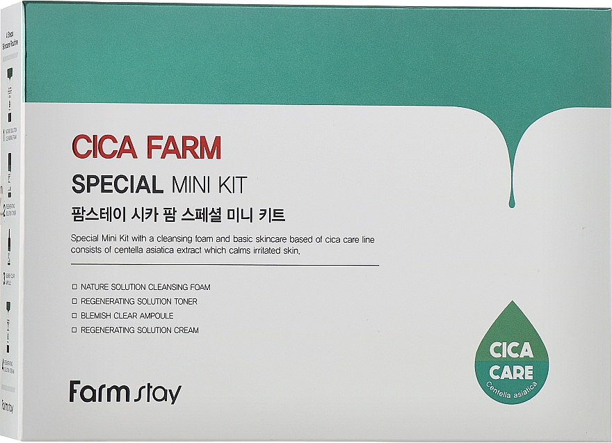 Набір мініатюр з центелою азіатською - Farmstay Cica Farm Special Mini Kit (cl/foam/30ml + ton/30ml + cr/20ml + ser/13ml)