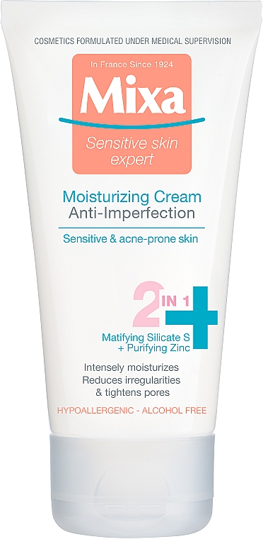 Зволожуючий крем з цинком для шкіри, схильної до недоліків - Mixa Sensitive Skin Expert 2in1 Cream