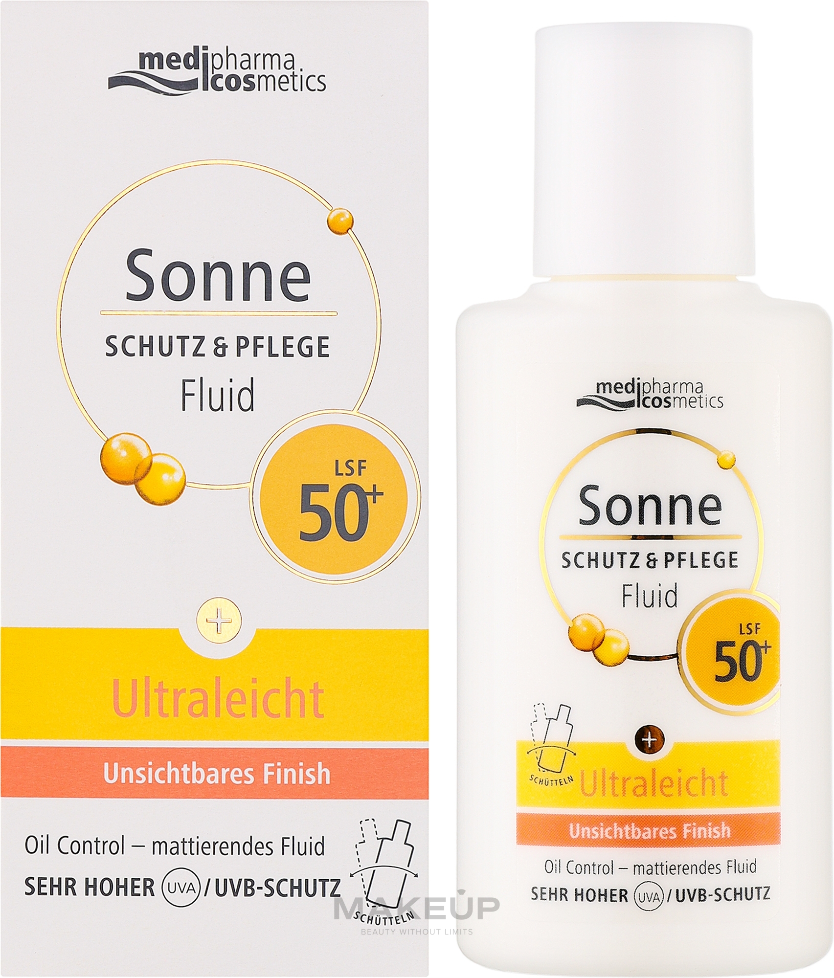 Солнцезащитный матирующий, ультралегкий флюид с эффектом контроля жирности кожи - Medipharma Cosmetics Sonne SPF 50+ — фото 50ml