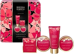 Набір - Baylis & Harding Boudoire Cherry Blossom Luxury Pamper Tin Gift Set (sh/cr/50ml + butter/50ml + h/cr/50ml + soap/50g) — фото N1