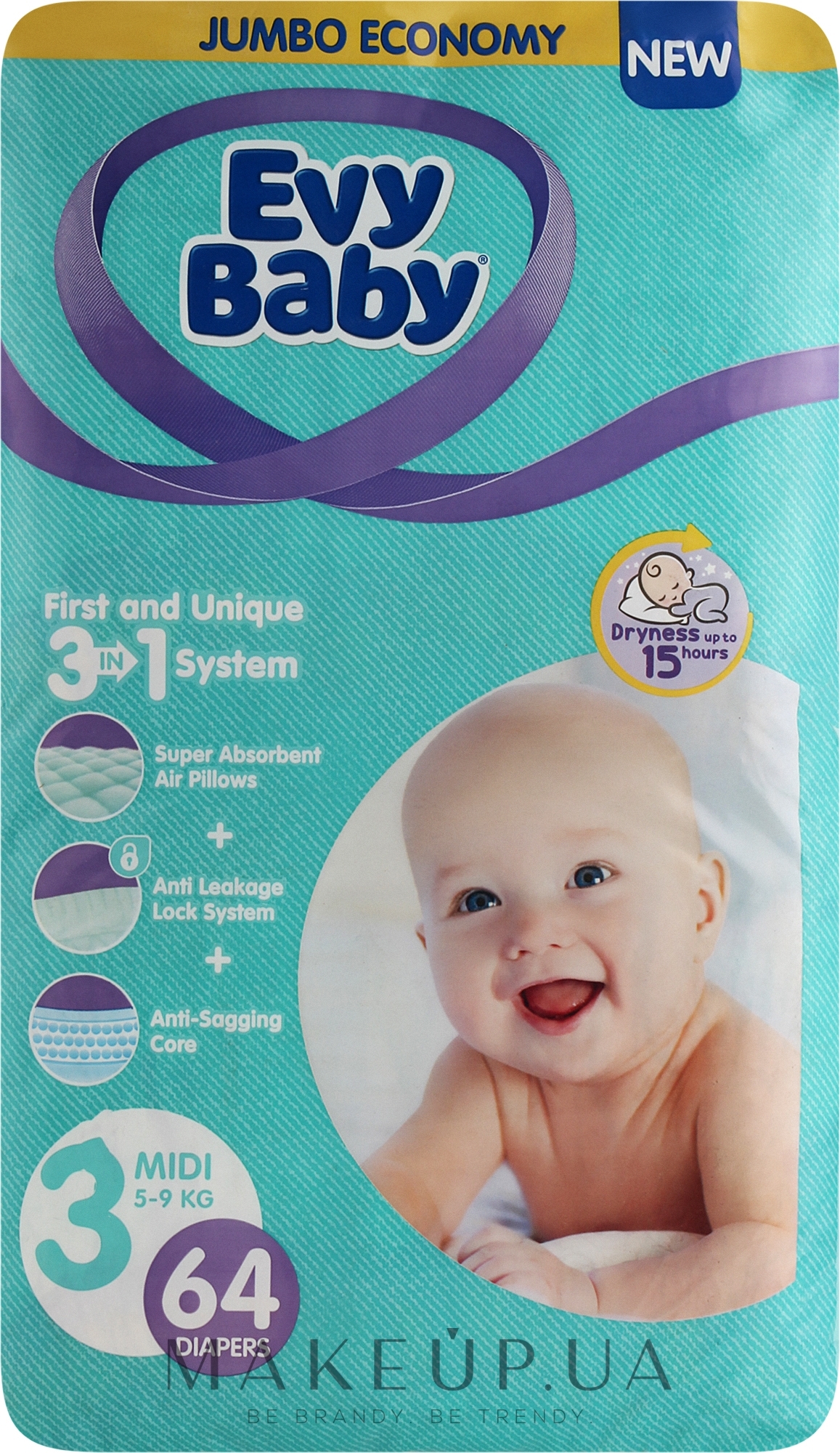 Підгузки дитячі гігієнічні одноразові Midi Elastic Jumbo 5-9 кг, 64 шт. - Evy Baby — фото 64шт