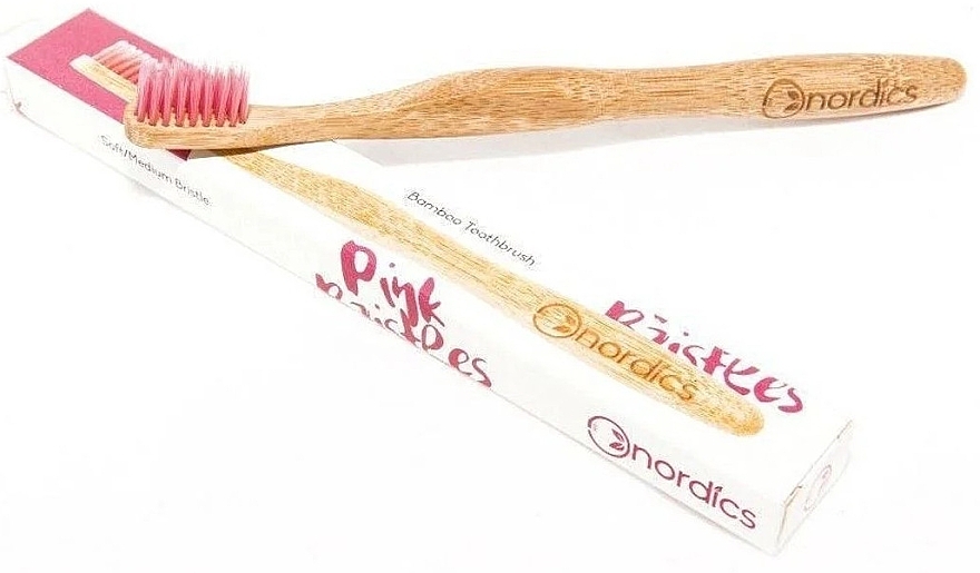 Бамбукова зубна щітка, середньої жорсткості, з рожевою щетиною - Nordics Bamboo Toothbrush Pink Bristles — фото N2