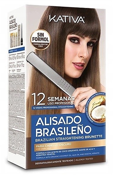 Набор для кератинового выпрямления волос, для брюнеток - Kativa Alisado Brasileno Straighten Brunette (shm/15ml + mask/150ml + shm/30ml + cond/30ml + brush/1pcs + gloves/1pcs) — фото N1