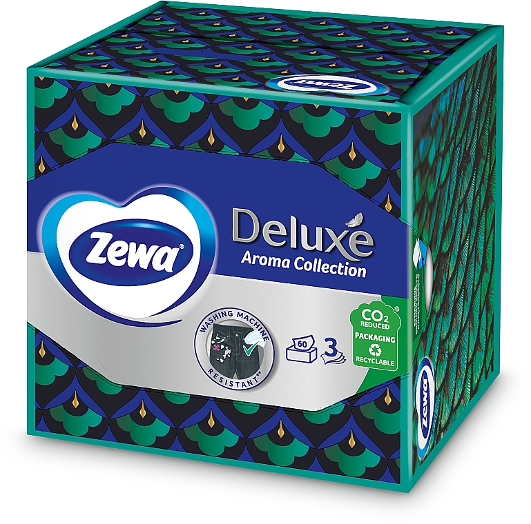 Салфетки косметические с ароматом, трехслойные, зеленая с синим, 60шт - Zewa Deluxe Box Aroma Collection — фото N1