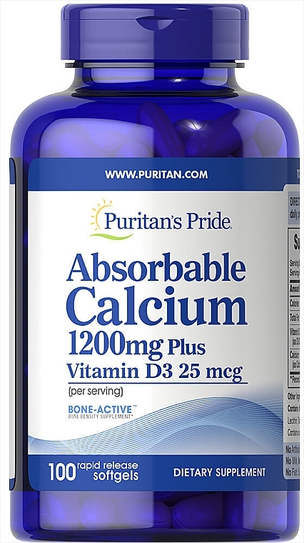 Харчова добавка "Кальцій з вітаміном D3" - Puritan's Pride Absorbable Calcium 1200 mg Plus Vitamin D3 2,5 mg — фото N1