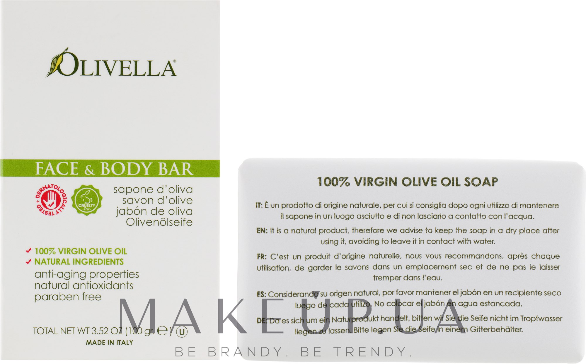 Мило для обличчя і тіла, на основі оливкової олії - Olivella Face & Body Soap Olive — фото 100g