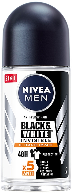 Дезодорант шариковый антиперспирант 5в1 для мужчин - NIVEA MEN Black & White Invisible Ultimate Impact 5in1 Roll-On — фото N1