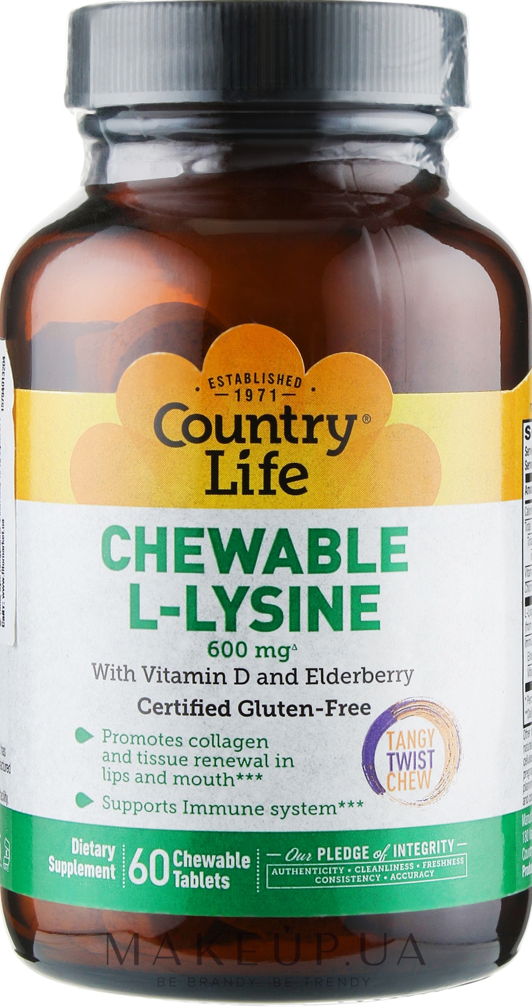 Аминокислота, 600 мг - Country Life L-Lysine — фото 60шт