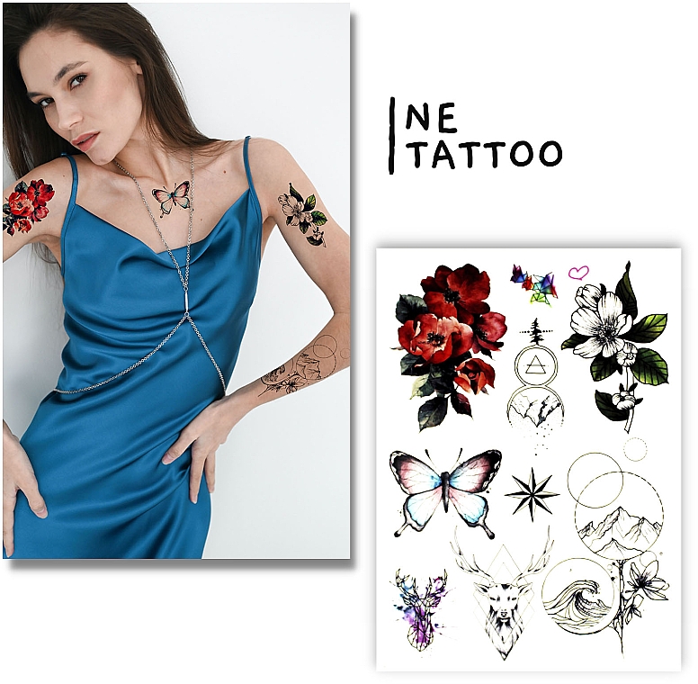 Временное тату "Акварельные цветы и горы" - Ne Tattoo — фото N1