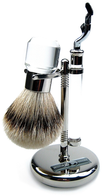 Набор для бритья - Golddachs Pure Badger, Mach3 Metal Chrome Acrylic Silver (sh/brush + razor + stand) — фото N1