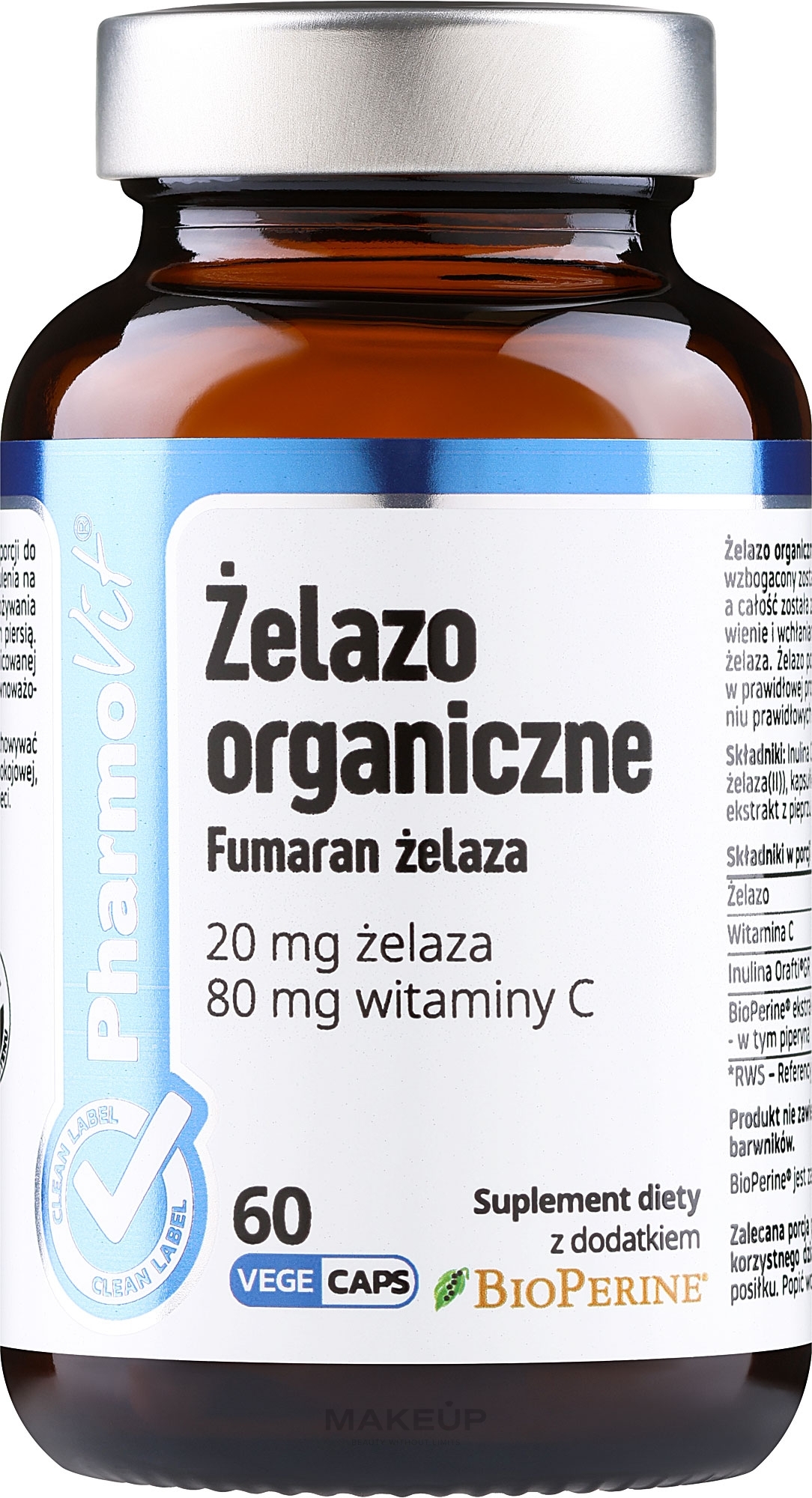Дієтична добавка "Залізо", 20 мг - Pharmovit Clean Label — фото 60шт