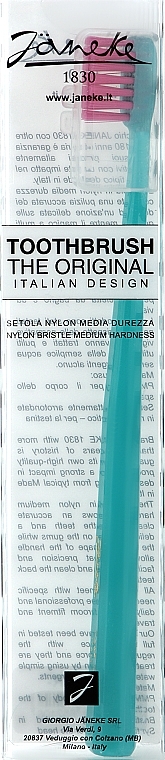 Зубная щетка средней жесткости, голубая с розовым - Janeke Toothbrush — фото N1