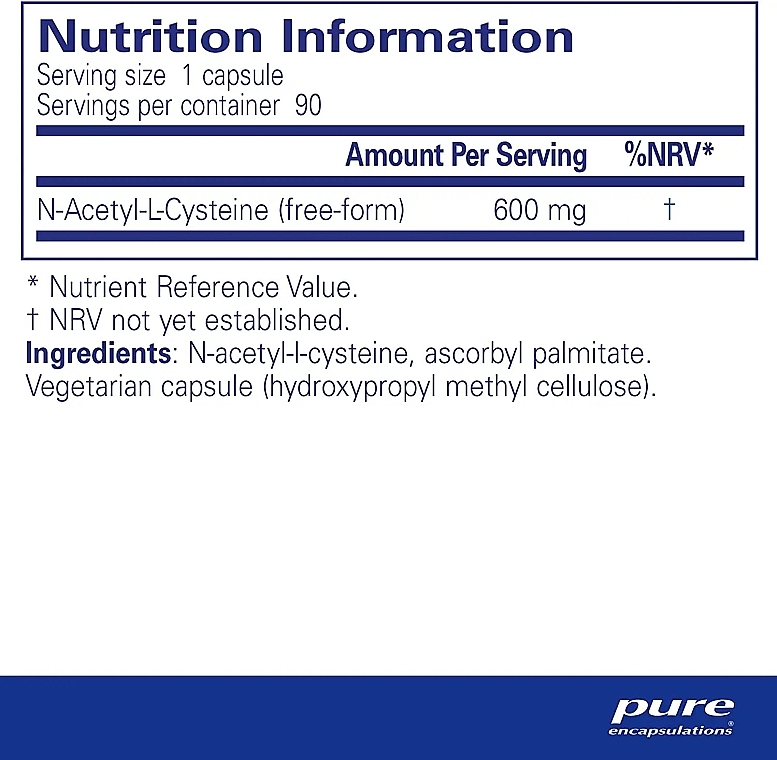 Диетическая добавка "Ацетилцистеин", капсулы - Pure Encapsulations NAC 600 mg — фото N2