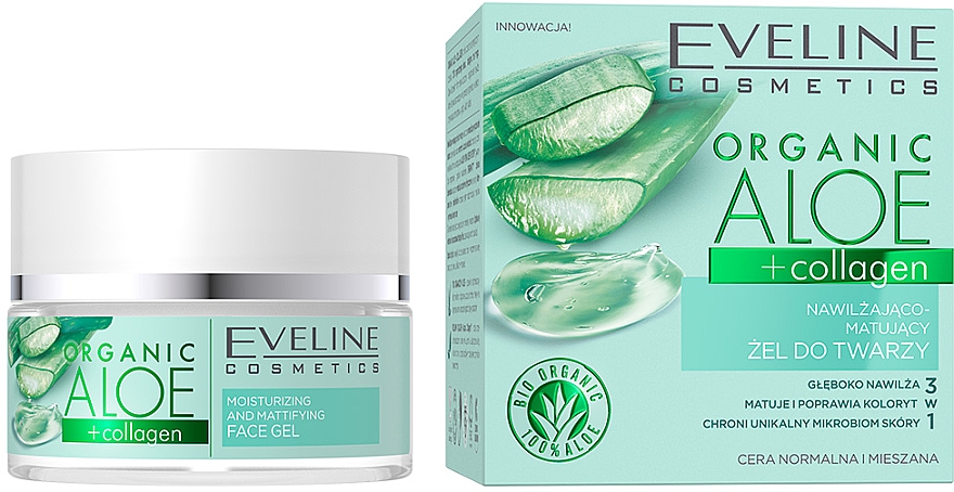 Увлажняюще-матирующий гель для лица для нормальной и комбинированной кожи - Eveline Cosmetics Organic Aloe + Collagen