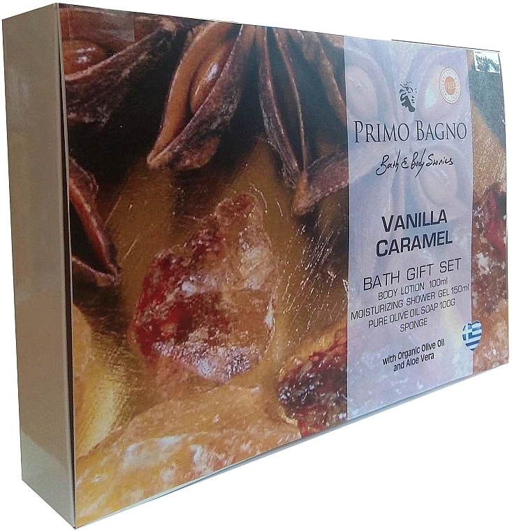 Набор - Primo Bagno Vanilla & Caramel Paper Bag Set (b/lot/100 ml + sh/gel/150 ml + soap/100 g + sponge) — фото N2