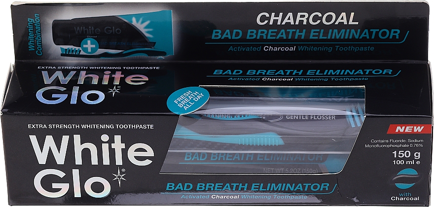 Набір "Свіже дихання" з чорно-блакитною щіткою - White Glo Charcoal Bad Breath Eliminator (t/paste/100ml + t/brush/1) — фото N1