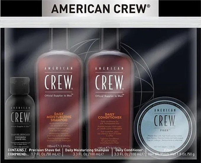 Набір - American Crew Grooming Travel Kit (shm/100ml + cond/100ml + shave/gel/50ml + fiber/50g) — фото N1