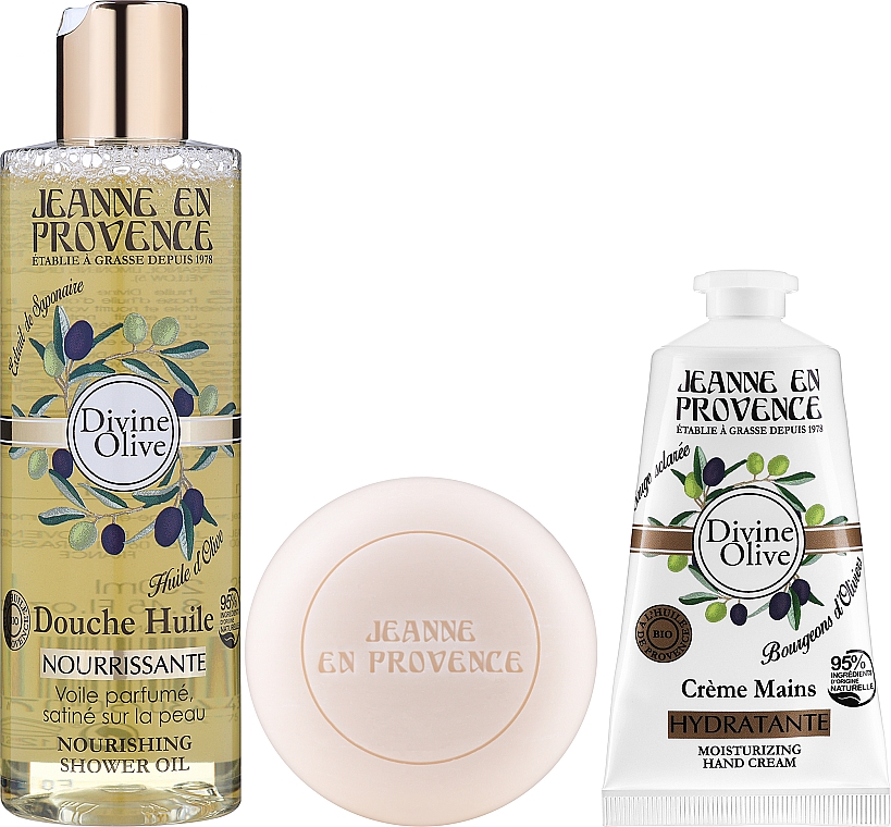 Набор - Jeanne en Provence Divine Olive (show/oil/250ml + h/cr/75ml + soap/100g) — фото N2