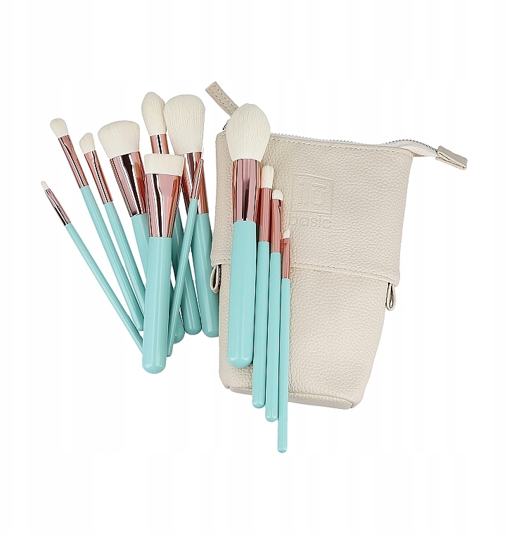 Набір з 12 бірюзових пензлів для макіяжу в білому чохлі - ILU Basic Mu Turquoise Makeup Brush Set — фото N4