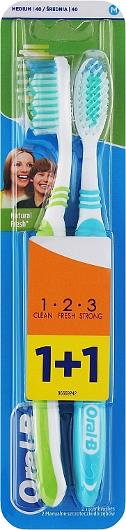 Набір зубних щіток (середня, блакитна + салатова) - Oral-B 1 2 3 Natural Fresh 40 Medium 1 + 1 — фото N1