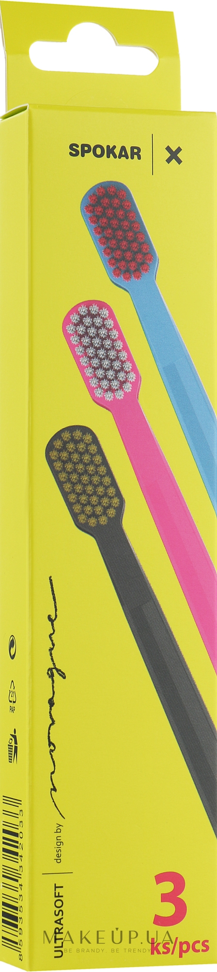 Набор зубных щеток "X", ультрамягких, сине-розовая + розово-белая + черно-желтая - Spokar X — фото 3шт