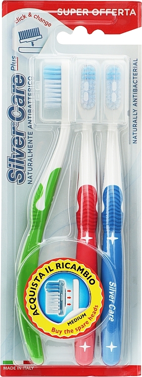 Набір зубних щіток "Silver Care Plus" 3 шт., середні, салатова + червона + синя - Silver Care — фото N1