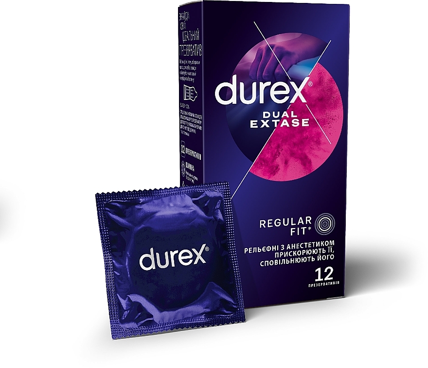 Презервативы латексные с силиконовой смазкой, рельефные с анестетиком, 12 шт - Durex Dual Extase