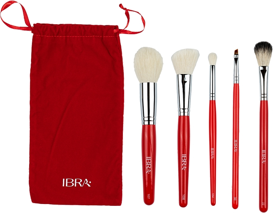 Набір пензлів для макіяжу в червоному чохлі, 5 шт. - Ibra  Brush Set Red — фото N1