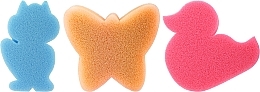 Набор детских губок для ванны, 3 шт, голубая лисичка + оранжевая бабочка + розовая уточка - Ewimark — фото N1