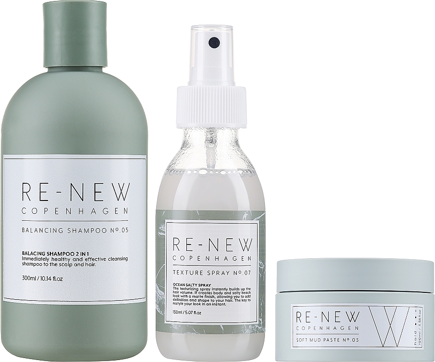 Набір, 4 продукти - Re-New Copenhagen Essential Grooming Kit (Balancing Shampoo №05 + Texture Spray №07 + Soft Mud Paste №03) — фото N2