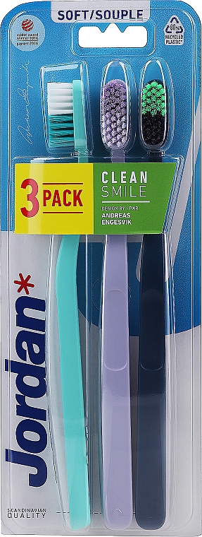 Зубна щітка м'яка, бірюзова, бузкова, темно-синя - Jordan Clean Smile Soft — фото N1