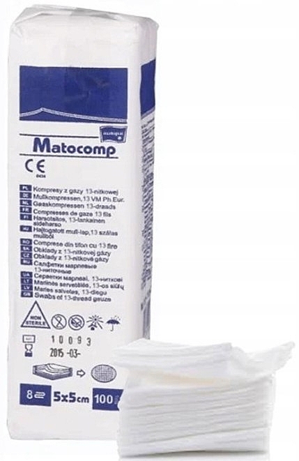 Компрессы марлевые, 13-ниточные, 8-слойные, нестерильные, 5х5 см, 100 шт. - Matopat Matocomp — фото N1