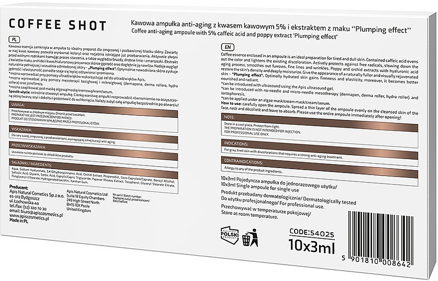 Кофейные омолаживающие ампулы "Эффект наполнения" - APIS Professional Coffee Shot Anti-Aging Ampoule With Caffeic Acid 5% And Poppy Extract — фото N2