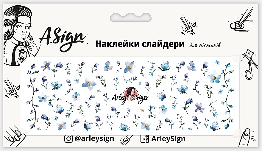 Наклейка-слайдер для ногтей "Синие цветы" - Arley Sign