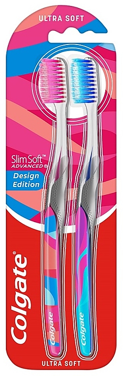 Зубні щітки ультрам'які, рожева + блакитна - Colgate Slim Soft Ultra Soft Design Edition — фото N1