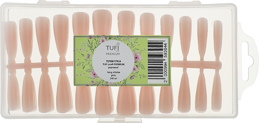 Гелевые типсы растворимые длинные, розовые, стилет - Tufi Profi Premium  — фото N1