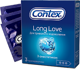 Презервативи  латексні з силіконовою змазкою з анестетиком, 3 шт - Contex Long Love — фото N1