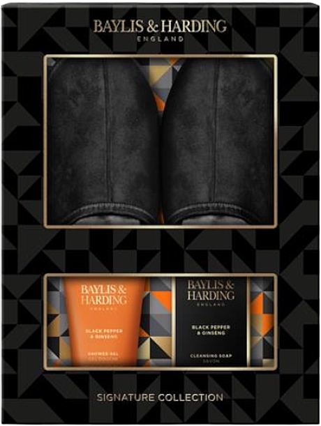 Набір - Baylis & Harding Black Pepper & Ginseng Luxury Slipper Gift Set (sh/gel/140ml + soap/100g + slippers/2pcs) — фото N1