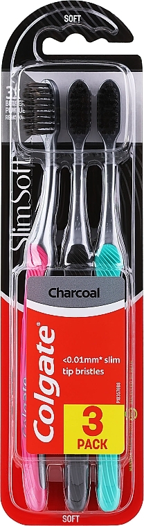 Зубные щетки мягкие, розовая + черная + бирюзовая - Colgate Slim Soft Charcoal — фото N1