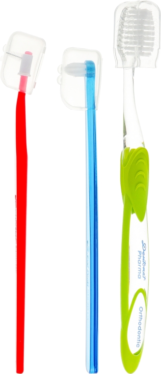 Набор для чистки брекет-систем, салатовая + синяя щетка - Dentonet Pharma Brace Kit (t/brush/1шт+single/brush/1шт+holder/1шт+d/s/brush/3шт) — фото N2
