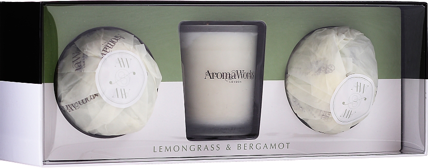 Набор - AromaWorks Light Range Lemongrass & Bergamot & Mini Aromabomb Gift Set (candle/10ml + 2xbomb/175g) — фото N1