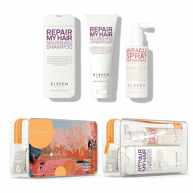 Набор - Eleven Australia Repair Holiday Trio (shm/300ml + cond/200ml + h/spray/125ml + bag) — фото N1