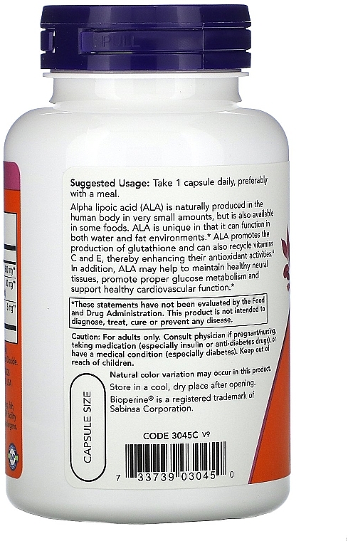Альфа-липоевая кислота, 600 мг, капсулы - Now Foods Alpha Lipoic Acid — фото N4