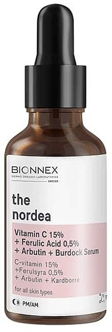 Сыворотка для лица - Bionnex The Nordea Vitamin C 15% + Ferulic Acid 0.5% + Arbutin + Burdock Serum — фото N1