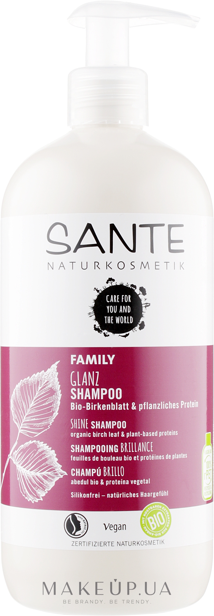 Биошампунь для блеска волос «Растительные протеины и березовые листья» - Sante Family Organic Birch Leaf & Plant Protein Shine Shampoo — фото 500ml